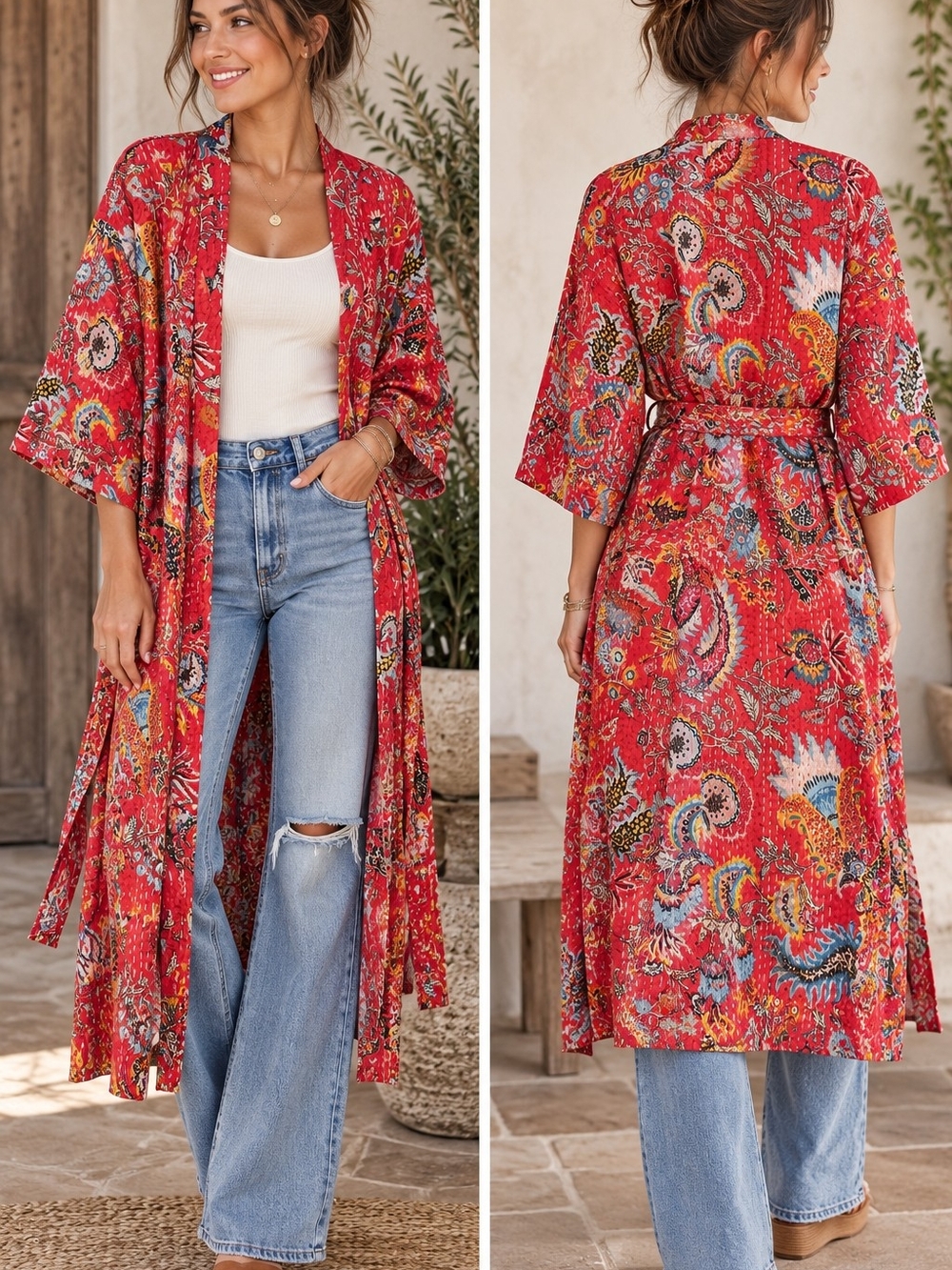 POL Quilted Kantha-Stitch Duster- Kimono Robe in Crimson